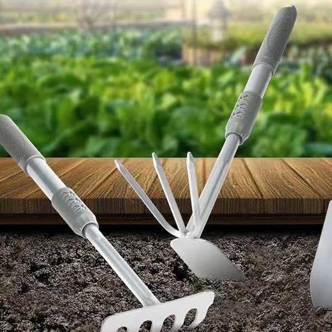 3-Piece Garden Hand Tool Set, Ergonomic Handles, Includes Trowel, Rake and Cultivator, Gray