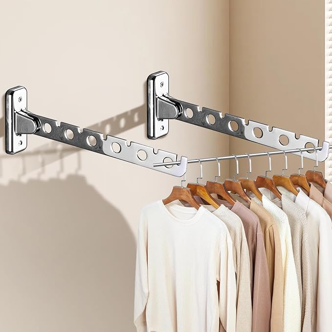 ACNISM Wall Mounted Clothes Rack, Laundry Hanger Wall Mount, Retractable & Foldable Drying Rack with 180° Rotation, Space-Saver for Laundry Room & Bedroom, Bathroom Closet Storage, 2-Pack, Silver
