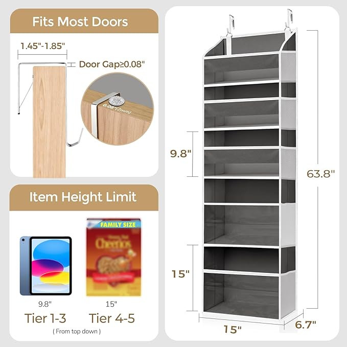 5 Tiers Over Door Organizer with 10 Mesh Side Pockets, 50 lbs Weight Capacity Hanging Storage Organizer with Clear Window Kids Toys, Shoes, Diapers, Dark Gray