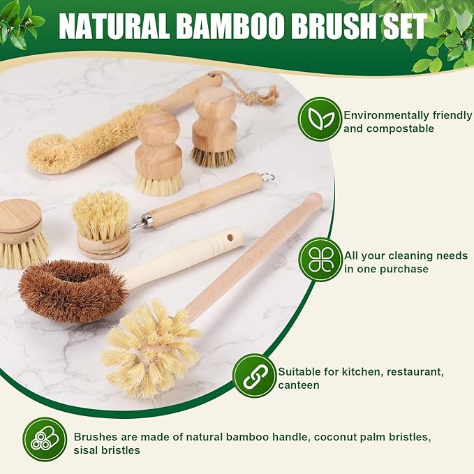 8 Pcs Bamboo Dish Brush Dish Washing Scrub Bottle Brush Wooden Palm Pot Brush Cleaning Scrubbers with Natural Sisal Bristles Long Handle for Pots Pans, Bottle, Sink, Vegetables, Household Cleaning