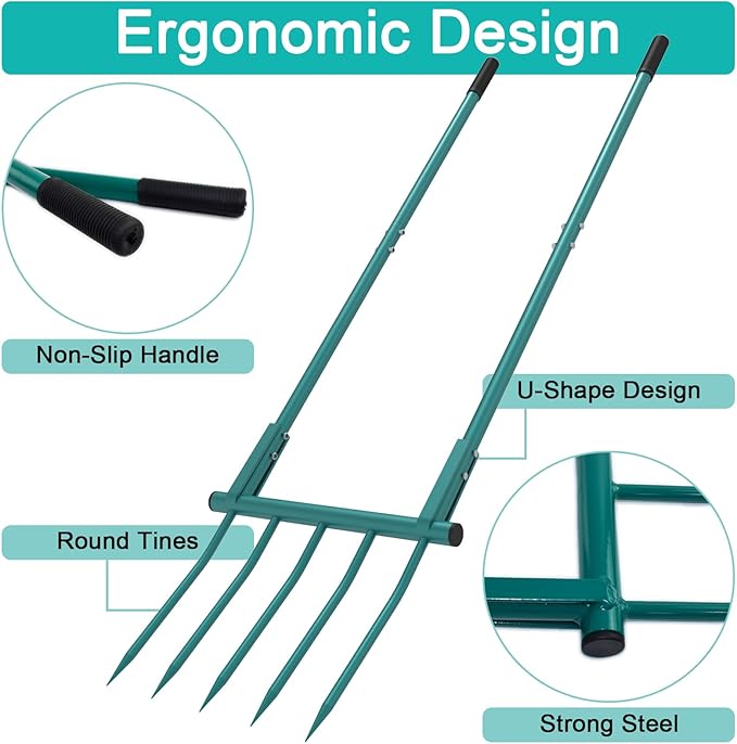 5 Tines 20 in Wide Heavy Duty Pitch Fork for Gardening Spading, Ergonomic Stainless Steel Digging Fork, 55 inch Heigh Handled Broad Fork Garden Tool Claw Weeder Soil Tiller Cultivator Aerate Clay Soil