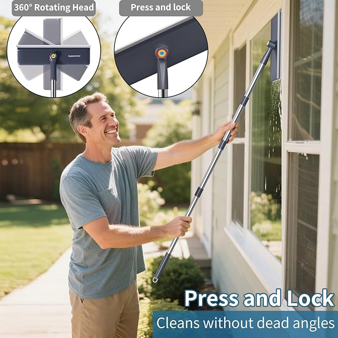 60" Window Squeegee Cleaner Tool for Home - 3 in 1 Rotatable Window Cleaning Kit, Washing Tool for Indoor/Outdoor Glass, Mirrors, Shower Windshield with 4 Poles, 3 Microfiber Cloths & Screen Brush