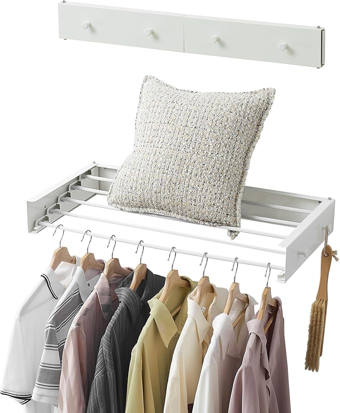 Clothes Drying Rack,Laundry Hanging Rack Collapsible,Wall Mounted Drying Rack for Laundry,Foldable Drying Rack Indoor Outdoor,31.5" Wide,5 Aluminum Rods with Hooks, 60 lb Capacity (White 31.5" Hooks)