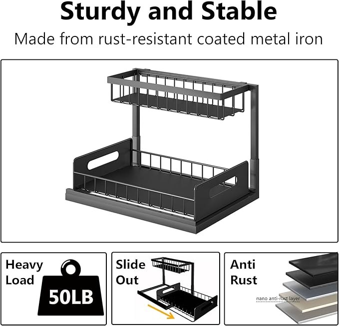 Under Sink Organizers and Storage 2 Tier Slide Out Kitchen Cabinet Organizer Sturdy Metal Bathroom Storage (Black, 1 Pack)