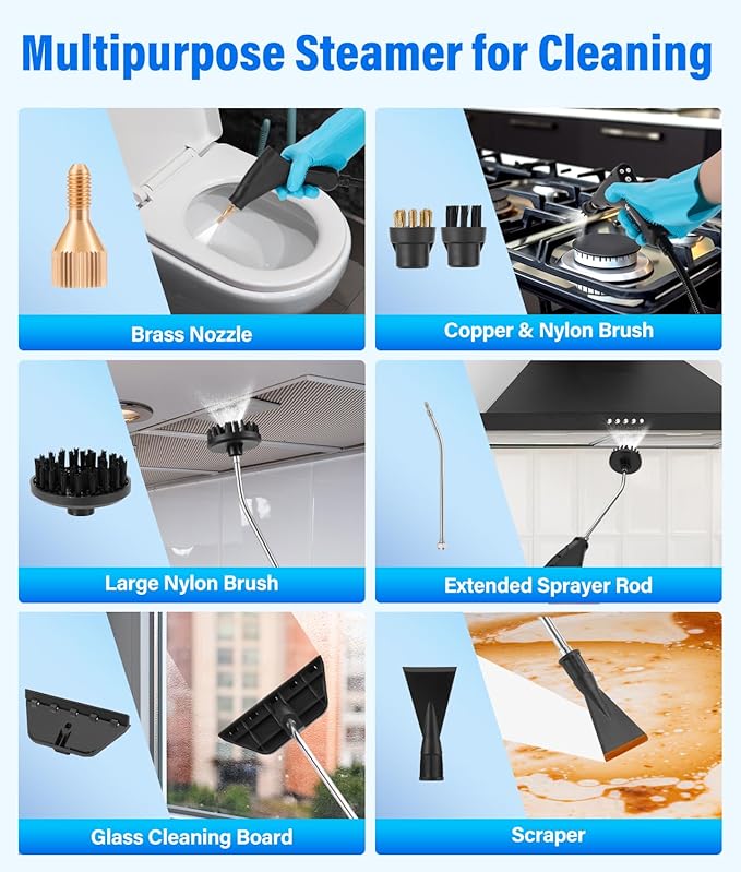 HK Steam Cleaner, 6-Level Adjustable Handle, 1.2L Tank, 15s Heat-Up, 2500W Steamer for Cleaning, Portable Steamer for Cleaning with 16PCS Accessories, Steam Cleaner for Home, Dirt, Grease, Car