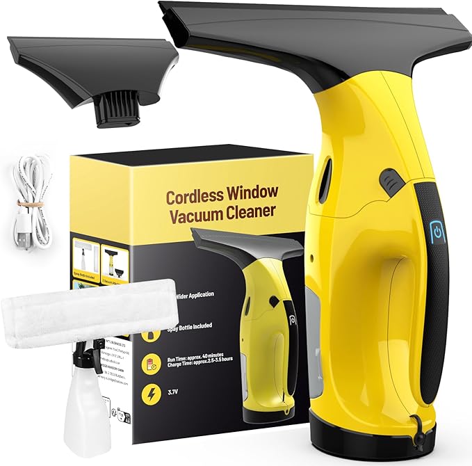 Window Vacuum Squeegee Cordless, Rechargeable Window Vacuum Cleaner with 2 X Squeegee (11”+ 6.7”), Electric Window Vac for Windows, Tiles, Mirrors, Showers, Glass, 2200mA