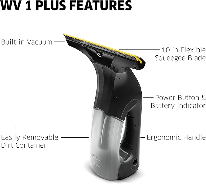 Kärcher WV 1 Plus Black Edition Window Vacuum Squeegee - for Showers, Mirrors, Glass, & Countertops - 10 in. Squeegee Blade