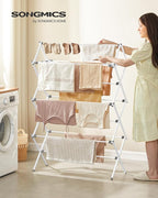 SONGMICS Foldable Clothes Drying Rack, Laundry Drying Rack, Clothes Airer, Steel Frame, 14.6 x 36.6 x 53.2 Inches, Easy Assembly, Indoor Outdoor Use, Pearl White ULLR771W01