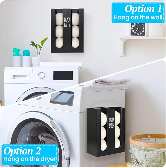 Magnetic Dryer Ball Holder for Laundry Room Organization, Wood Dryer Ball Container Wall Mount, Dryer Balls Organizer for Laundry Room Storage, Laundry Wool Dryer Ball Dispenser Basket (Black)