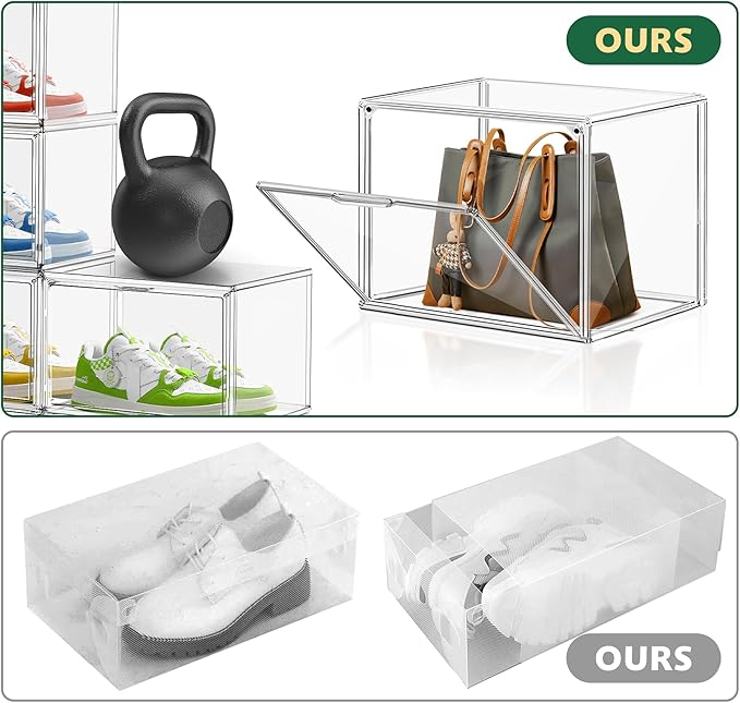 1 Pack Acrylic X-Large Shoe Box Clear Plastic Stackable Storage Boxes with Magnetic Door Shoe Organizer for Closet Sneaker Boot Shoe Storage,Fit up to US Size 14