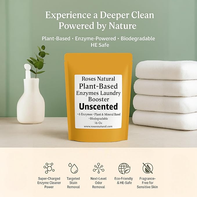 Plant-Based Enzymes Laundry Booster – Unscented | Advanced Enzyme Cleaner & Odor Remover | Powerful Stain Remover for All Fabrics | Biodegradable, HE Safe – 16 oz | Made in USA