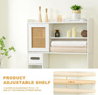 6Tier Over The Toilet Storage Cabinet, Freestanding Above Toilet Space Saver Rack w/Adjustable Shelves, Sliding Door, Multifunctional Over Toilet Organizer for Bathroom (White)