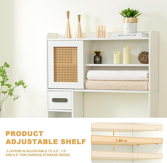 6Tier Over The Toilet Storage Cabinet, Freestanding Above Toilet Space Saver Rack w/Adjustable Shelves, Sliding Door, Multifunctional Over Toilet Organizer for Bathroom (White)