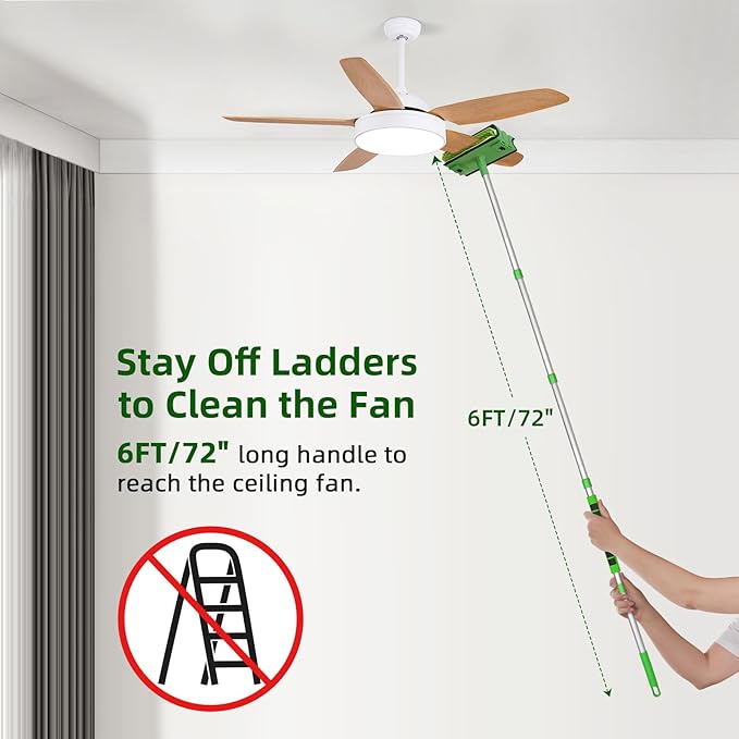 Ceiling Fan Cleaner Duster with 6 Ft/72'' Extension Pole High Ceiling Fan Blade Cleaning Tool Microfiber Duster Reusable Pads for Cleaning Ceiling Fan, Baseboard, Blind, Cobweb, Molding