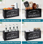 Black Farmhouse Utensil Holder for Kitchen Counter Extra Large Cooking Utensil Holder Caddy Utensils Storage Organizer for Countertop Rustic Wood Kitchen Tool Decor Utensil Crock Spatula Holder
