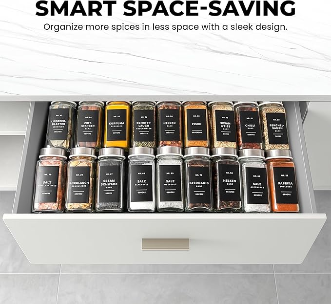 ALCOVA Spice Drawer Organizer, 4 Tier Expandable Spice Rack for Drawer from 9" to 18", Spice Organizer for Drawers and Countertop 8 Pcs Pack (Jars not included)