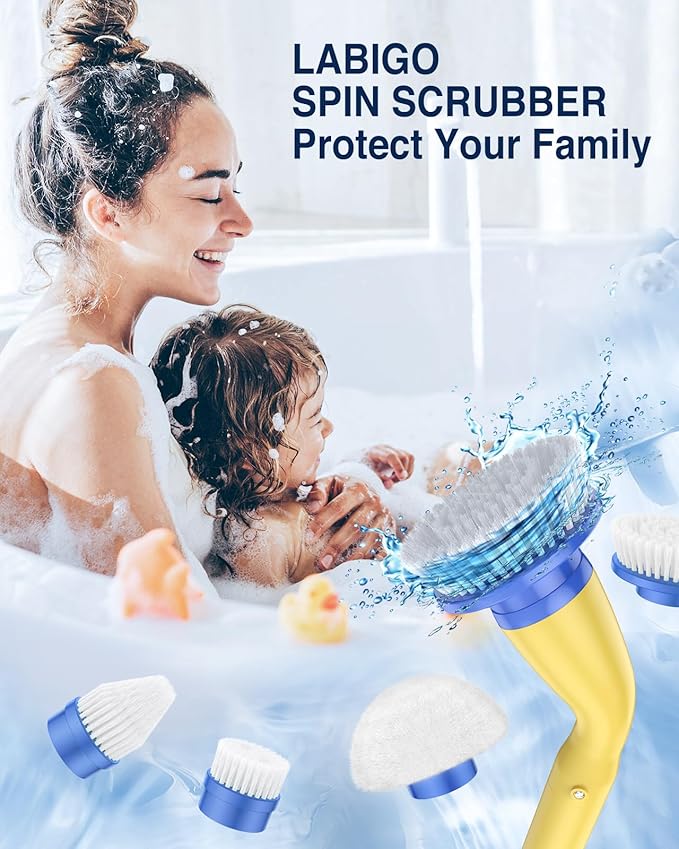 LABIGO Electric Spin Scrubber LA1 Pro, Cordless Spin Scrubber with 7 Replaceable Brush Heads and Adjustable Extension Handle, Power Cleaning Brush for Bathroom Floor Tile Yellow