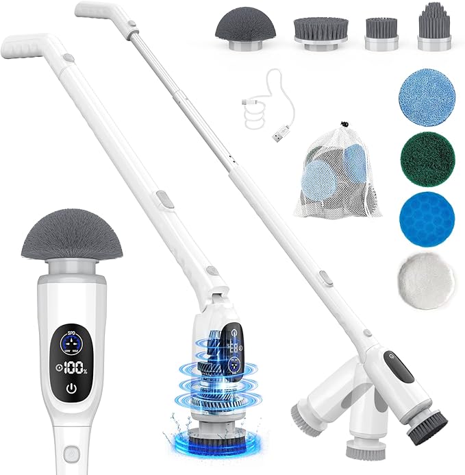 Shower Scrubber, Electric Spin Scrubber with 2025 New Upgraded Motor, User-Friendly Design, 3 Adjustable Angles & Speeds, 8 Brush Heads for Cleaning Bathroom, Cleaning Supplies for Tire, Windshield