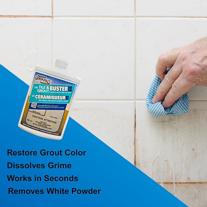 Tile and Grout Buster Cleaner, 850 ml (28 oz) – Heavy-Duty Tile & Grout Stain Remover for Bathroom, Kitchen, Shower & Floors – For Ceramic, Porcelain, Stone & More – Made in Canada