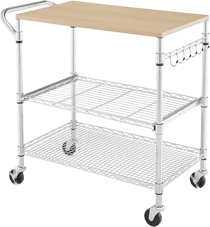 3 Tier Rolling Kitchen Cart with Wood Tabletop, Kitchen Island Carts with Wheels & Slider Shelf, Microwave Cart on Wheels, Coffee Cart with Hooks, 35.4" L*18.1" W*31.9" H，Wood+Chrome
