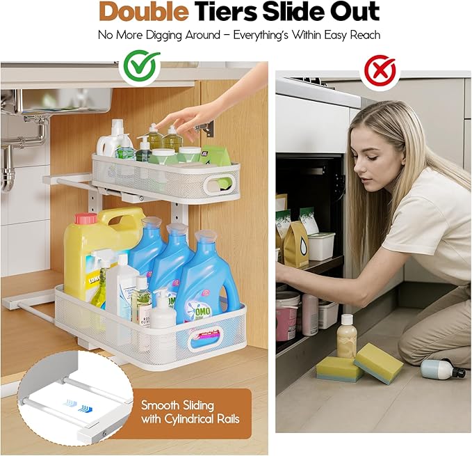 1 Pack 15.7IN-Depth Under Sink Organizer With Smooth Cylindrical Rail,2-Tier Pull Out Multi-Purpose Cabinet Storage for Bathroom&Kitchen,Height Adjustable,Rust-resistant Coating-White