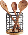 WDT Tool Utensil holder for Kitchen Counter - 5.2" x 5.2" x 6" Large Round with Wooden Base Matte Black Cooking Utensil Holder Utensil Organizer (Metal+Bamboo)