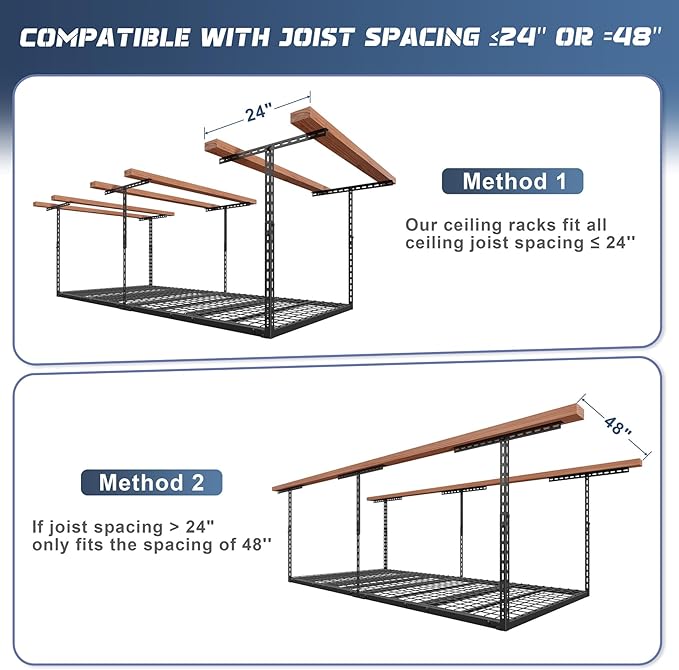 4X8FT Overhead Garage Storage Rack, 22"-48" Height Adjustable Garage Ceiling Storage Racks, Heavy Duty Metal Overhead Storage Organizer System, 600LBS Weight Capacity