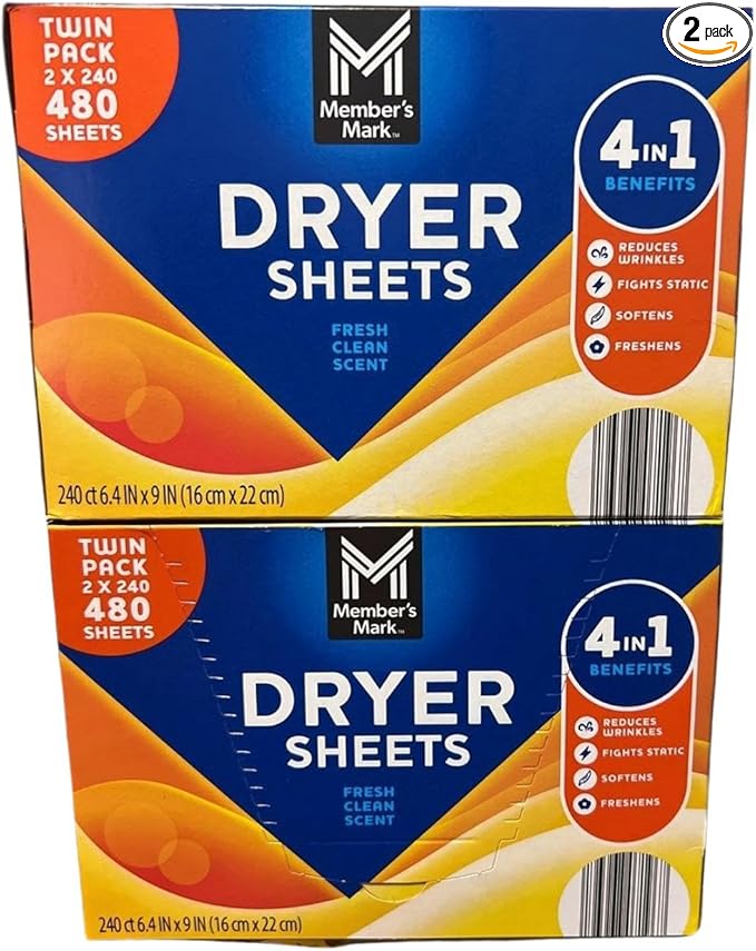 Dryer Sheets, Fresh Clean Scent, Twin Pack, 480 Sheets Total, 4-in-1 Reduces Wrinkles, Fights Static, Softens, Freshens