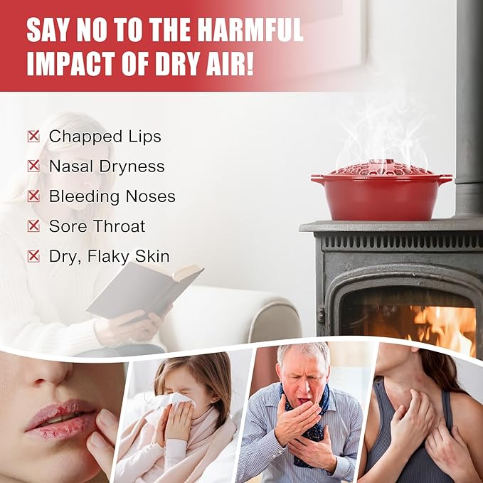 G GOOD GAIN Wood Stove Steamer - Cast Iron Stove Humidifier with Large Opening Top | Oval Bowl Fire Place Pot for Home Heating Decorative | Matte Finish & 2.7 Quart, Red