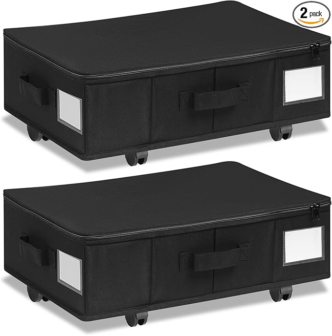Under Bed Storage with Wheels, 2 Pack Under Bed Storage Containers with Label Holders for Clothes, Shoes and Blankets, Rolling Underbed Shoe Organizer with Cover, Black (23.6 x 15.7 x 7.28 in)