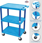 LUXOR HE34-BU Utility Cart - 3 Shelves Structural Foam Plastic, Four 4" Casters, Two with Locking Brake, Ergonomic Push Handle, 24"W x 18"D x 34"H, Offices, Classrooms