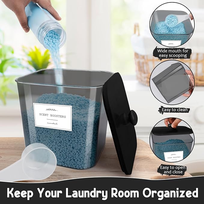 4 Pack Laundry Pods Container & Powder Detergent Jars Set, Laundry Room Organization and Storage, Black Plastic Laundry pod holder with Lids, Scoops & Labels for scent booster, Dryer Balls, Beads