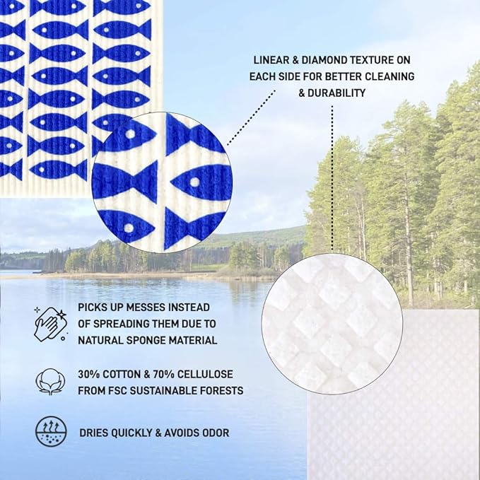 Nordhus Design Swedish Dishcloths,5 Fish Cloths, Made in Sweden - Reusable, Washable Cellulose Cotton Kitchen Cloths - Replace Paper Towels, Wipes, Sponges, Dish Rags
