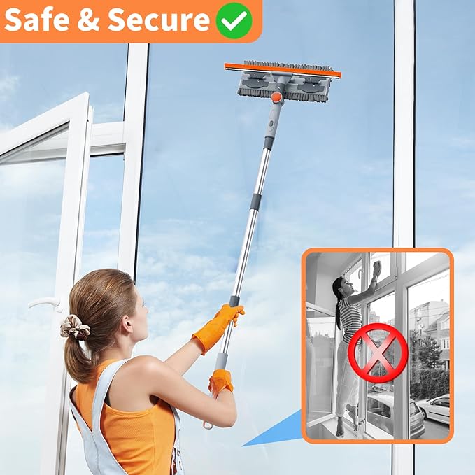6.4FT Extendable 2-in-1 Window Squeegee & Scrubber with Long Handle, 180° Adjustable Head, Streak-Free Silicone Blade, Multi-Purpose Glass Cleaning Tool for High Windows, Mirrors & Car Windshields