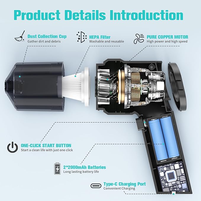 Handheld Mini Car Vacuum, 10000PA Cordless Portable Vacuum with 2000mAh Battery, 3 in 1 small Vacuum Cleaner & Air Duster with Type-C Charging, Compact & Lightweight for Car, Home, Kitchen (Black)