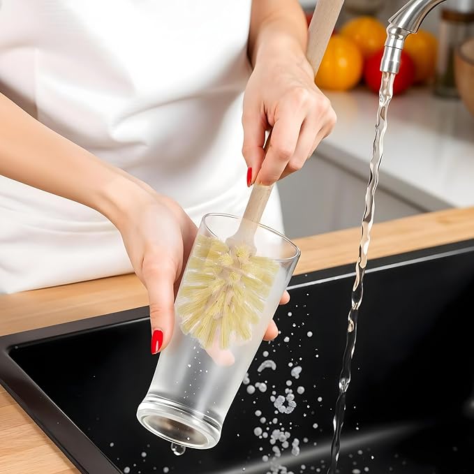 6 Pcs Bottle Brush, Natural Wood Dish Brush Scrub Brush with Long Beechwood Handle Bristles for Cleaning Bottles Mugs Jars Glasses Dishes Vases Pitchers, 13.78 x 2.6 Inches