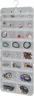 Freegrace Hanging Jewelry Organizer with Secure Zipper Closure - 360° Revolving Hanger, 25 Clear Pockets, 23 Necklace Hooks - Foldable Travel Storage & Closet Display (Gray)