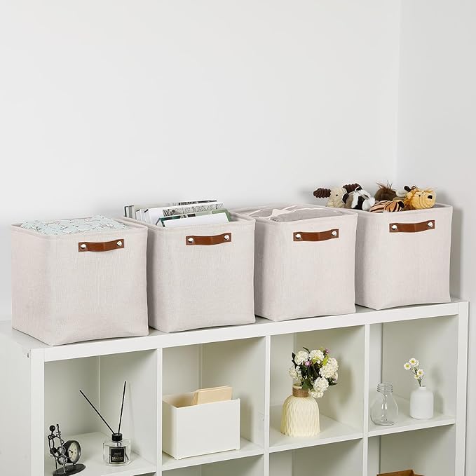 HNZIGE Foldable Cube Storage Bin(4 Pack ) Storage Baskets for Shelves, Closet,12x12 Storage Cube Bins Baskets for Cube Organizer, Fabric Storage Cubes for Storage Home Organization(Cream)