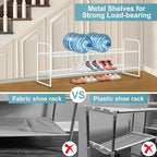 AOODA Long 2 Tier Shoe Rack for Closet Metal Wide Stackable Shoe Storage Organizer for Entryway, Bedroom, Floor, 18-Pairs Low Sneaker Shelf, White
