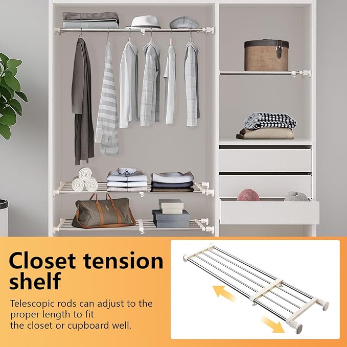 BAOYOUNI Adjustable Closet Tension Shelf Rod Expandable Clothes Hanging Rail Pole Dividers Wardrobe Space Saving Storage Organizer Ivory, 46.85-75 Inches