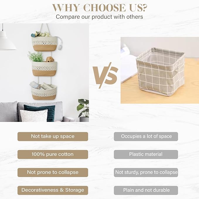 danpinera Over the Door Hanging Baskets for Organizing, 3-Tier Hanging Wall Basket for Storage, Woven Cotton Rope Baskets Storage Decorative for Nursery, Bedroom, Living Room, Kitchen, White & Jute