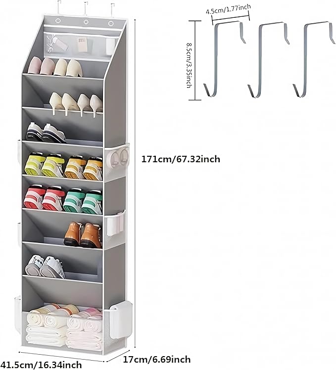 Over The Door Shoe Organizer - Shoe Rack with 8 Tiers, Sturdy Oxford Fabric Storage for Closet, Entryway, Dorm Room, Bedroom, Space Saving Holder for All Types Over The Door Organizer(Grey)