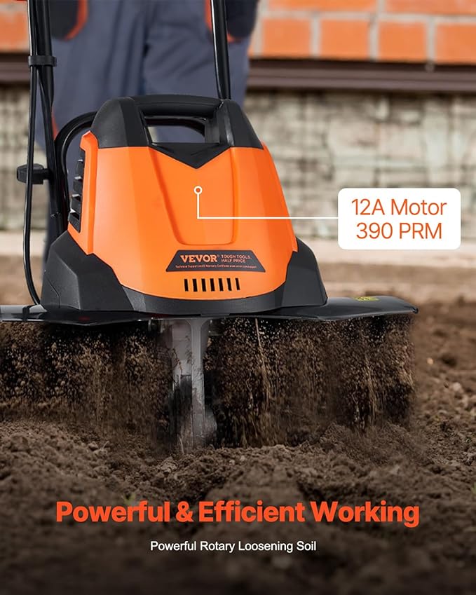 VEVOR 12 Amp Electric Tiller, 18" Tilling Width 3.94" Tilling Depth Corded Electric Tiller/Cultivator, Steel Mn Tines, Rototiller for Garden Lawn Soil Digging