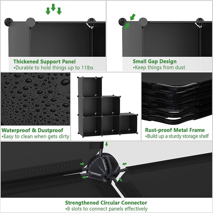 C&AHOME 6-Cube Storage Organizer, Stackable Storage Cubes Shelves, Portable Bookshelf, Plastic Clothing Storage Closet Organizer, DIY Modular Shelving Units for Wardrobe, Home, Black