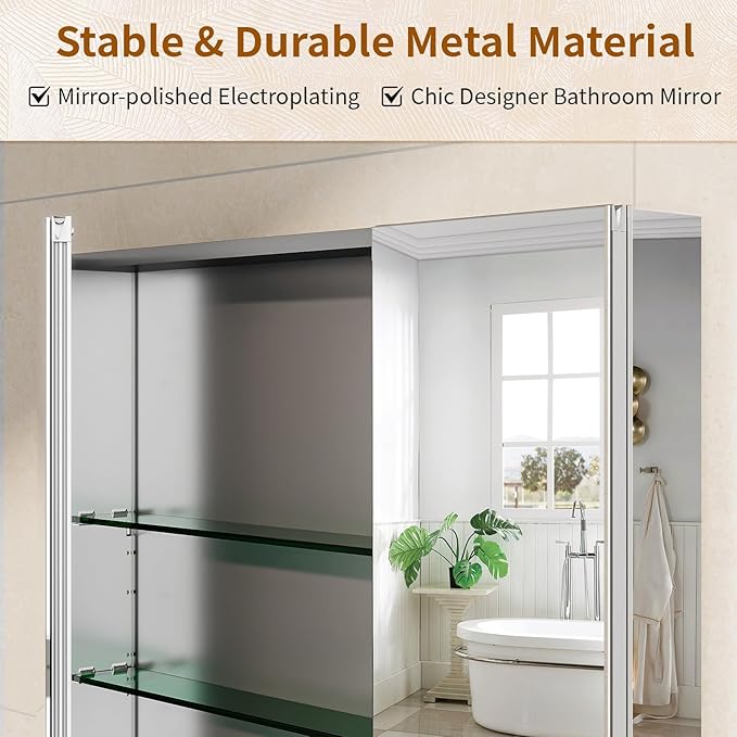 BEAUTYPEAK Bathroom Medicine Cabinet Mirror with Storage, 36 Inch x 26 Inch Silver Medicine Cabinet with Double Door & Adjustable Shelves for Vanity, Tempered, Aluminum Surface, Wall-mount or Recessed