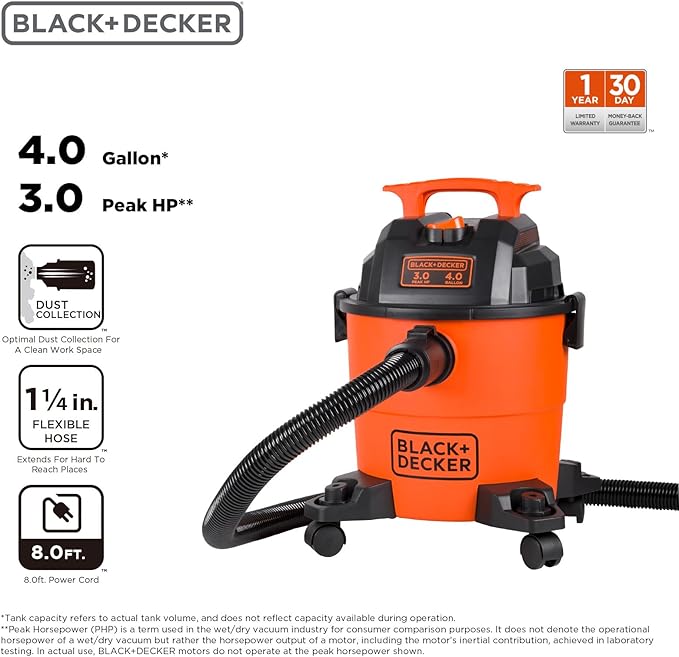 BLACK+DECKER Shop Vacuum Wet and Dry, 4 Gallon 3-in-1 Portable Shop Vac with Accessories, Workshop, Garage, Home and Car Vacuum Cleaner, 3 HP(BDXV18301P-4A)