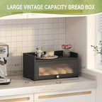 JANSNIMEN Bread Box for Kitchen Countertop, Large Bread Container Storage, Wooden Farmhouse Bread Box with Window Bread Holder (Vintage Black)