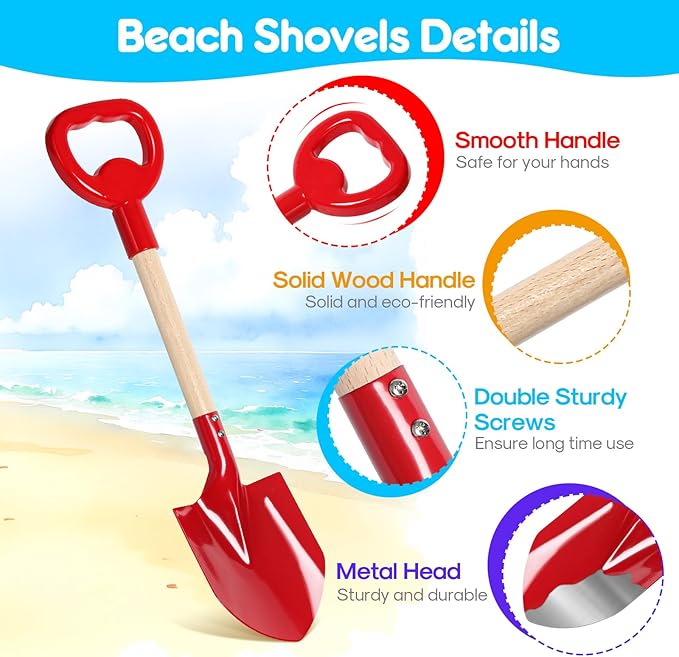 Dsmile 3 Pcs Beach Shovel Toy for Kids Digging 16" Long Metal Sand Shovel Sandbox,Sturdy Wooden Handle Metal Spade for Boy Girl, Travel Beach Toy Summer Fun Birthday