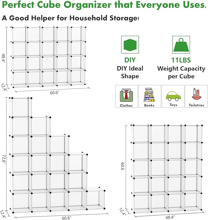 C&AHOME Cube Storage Organizer, 20-Cube Shelves Units, Closet Cabinet, DIY Plastic Modular Book Shelf, Ideal for Bedroom, Living Room, Office, 48.4" L x 12.4" W x 60.6" H Transparent White UPCS20W