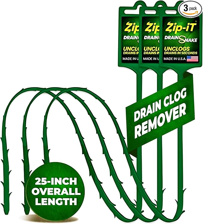 The original Zip-It Hair Clog Remover 25-inch Overall Length Drain Snake Cleaner (3-Pack), Unclog Your Sink, Shower, & Tub Drain In Seconds – Non-toxic, Made in the USA